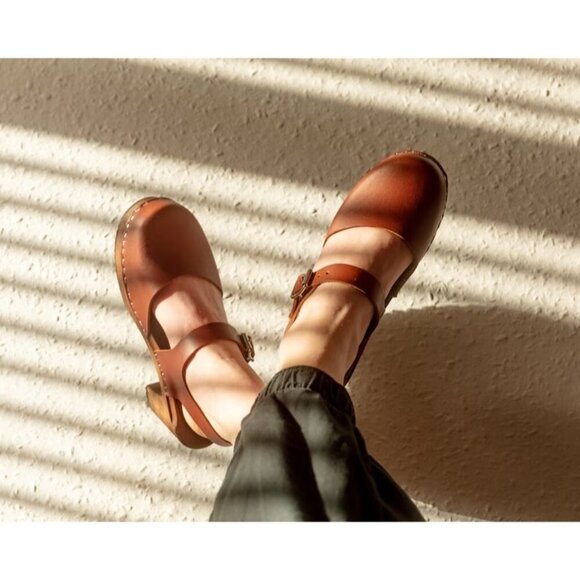 MIA Abba Summer Wooden Clog Sandals Sweden Size 38 Luggage Brown Leather - Picture 3 of 15